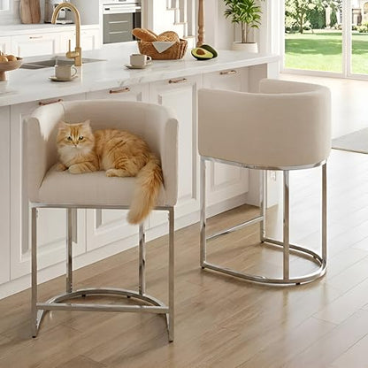 HNY Modern Counter Height Linen Cream Fabric Upholstered Counter Stools Set of 2, 24 Inch Kitchen Island Stool with Chrome Finish Metal Frame - color: 24inch Cream,chrome Base
