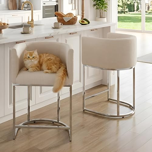 HNY Modern Counter Height Linen Cream Fabric Upholstered Counter Stools Set of 2, 24 Inch Kitchen Island Stool with Chrome Finish Metal Frame - color: 24inch Cream,chrome Base