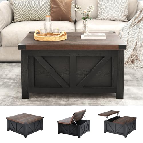 jimeimen Farmhouse Lift Top Coffee Table with Storage, Wood Square Center Table with Charging Station&USB Port, Living Room Table w/Large Hidden Space, for Living Room, Bedroom, Home Office, Black - color: Black