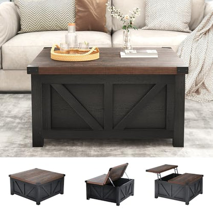 jimeimen Farmhouse Lift Top Coffee Table with Storage, Wood Square Center Table with Charging Station&USB Port, Living Room Table w/Large Hidden Space, for Living Room, Bedroom, Home Office, Black - color: Black