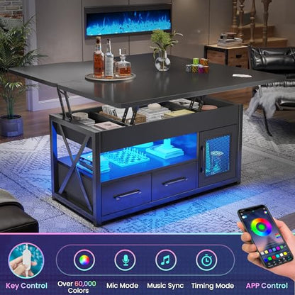 Itaar 40" Lift Top Coffee Table with Storage for Living Room, 4 in 1 Table | Black LED Expandable Coffee Table with 2 Fabric Drawers & LED Light & Hidden Compartmen for Dining Living Room Table - color: Black