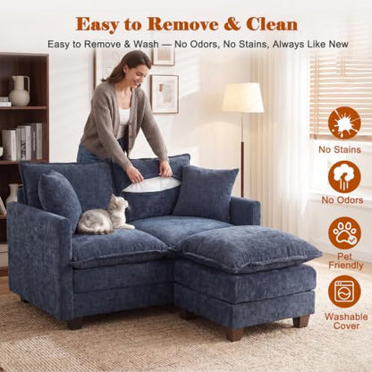 50'' Loveseat Sofa Set with Ottoman, Small Couch Set 2 Piece Cloud Love Seat 27" Deep Seat Washable Pillows Couches for Small Spaces Apartment Living Room, Blue - color: Blue, size: 50"+50"L