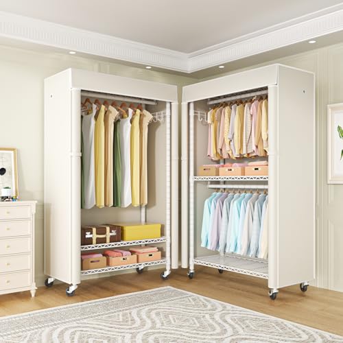 White Clothing Rack with Beige Cover, P1C Rolling Closets | Metal Garment Rack for Hanging Clothes, Clothing Storage Wardrobe, with Wheels - color: White Rack With Beige Cover