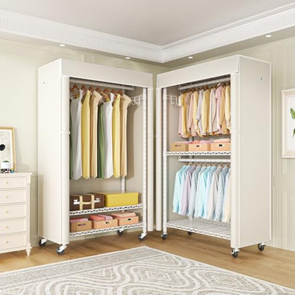 White Clothing Rack with Beige Cover, P1C Rolling Closets | Metal Garment Rack for Hanging Clothes, Clothing Storage Wardrobe, with Wheels - color: White Rack With Beige Cover