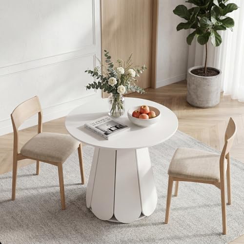 31.5" Round Dining Table, Small Circle Kitchen Table for 2-4 People, Modern Farmhouse Wood Dinning Room Tables with Pedestal Base, Space Saving Dinner Tables for Small Spaces, Mesa de Comedor, White - color: White