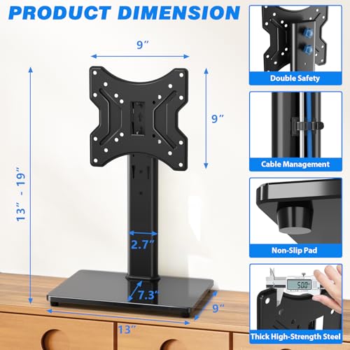 Rfiver Universal Swivel Tabletop TV Stand for Flat Screens 23-43 Inch | Heavy Duty Center Pedestal Stand Replacement with Black Tempered Glass Base & Height Adjustable Mount for 24 32 43 Inch - size: 19-43 inch