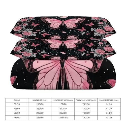 Boho Pink Butterfly Moon & Roses 3 Piece Reversible Bedding Set 86"x70",Double Sided Brushed Microfiber Duvet Cover Set with 2 Pillowcases Soft Breathable Comforter Cover for Home - color: Boho Pink Butterfly Moon & Roses, size: 86"x70"