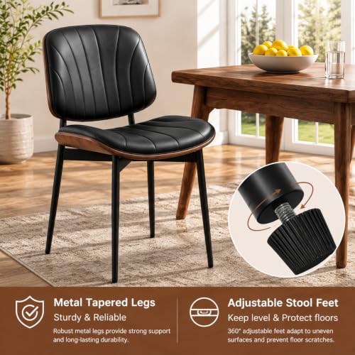Dining Chairs Set of 2, Mid-Century Modern Upholstered PU Leather Chairs | with Walnut Bentwood Back and Metal Legs Adjustable Feet for Kitchen, Black Shell Strips - color: Black Shell Strips