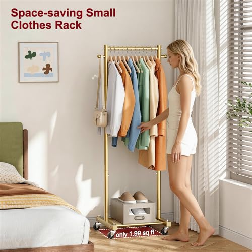 SLEEPING LAMB Small Clothes Racks for Hanging Clothes, Rolling Clothing Rack with Shelves, 60" Metal Garment Rack with Wheels Portable Wardrobe Rack for Small Space, Gold - color: Gold