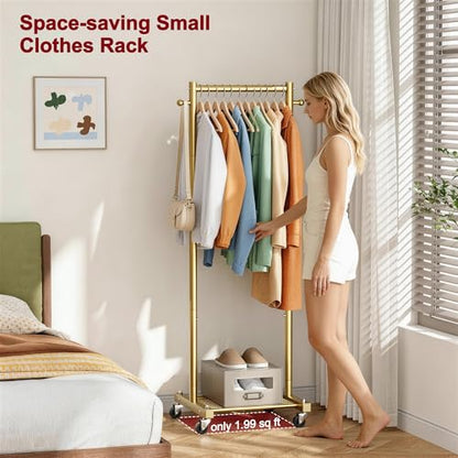 SLEEPING LAMB Small Clothes Racks for Hanging Clothes, Rolling Clothing Rack with Shelves, 60" Metal Garment Rack with Wheels Portable Wardrobe Rack for Small Space, Gold - color: Gold