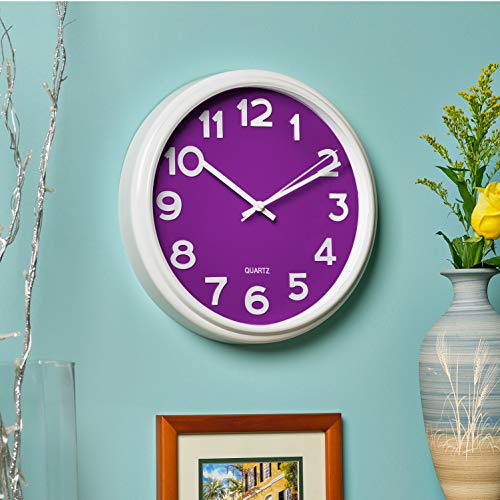 Bernhard Products Large 12.5 Inch Purple Wall Clock with Non-Ticking Sweep Movement, Quartz Analog Display, Solid Plastic Case, Metal Hands, Battery Operated, Easy to Read - style: Violet
