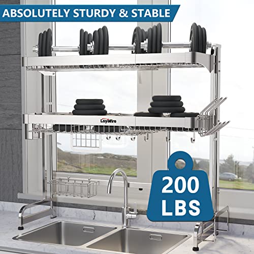 Loyalfire Over Sink Dish Drying Rack, 3 Tier Adjustable Length (20.87'' to 37.6'') Full Stainless Steel Large Storage Kitchen Dish Rack, Expandable Drainer Shelf Rack with Multifunctional Organizers - color: Silver