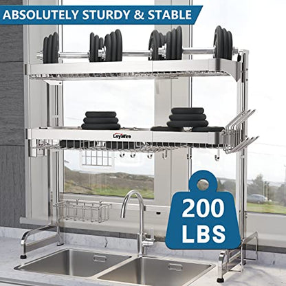 Loyalfire Over Sink Dish Drying Rack, 3 Tier Adjustable Length (20.87'' to 37.6'') Full Stainless Steel Large Storage Kitchen Dish Rack, Expandable Drainer Shelf Rack with Multifunctional Organizers - color: Silver