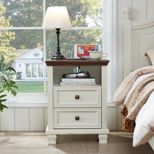 Farmhouse Side Table with Charging Station, White | Antique Nightstands for Bedroom with Drawers, Bedside Table with Open Shelf & Thickened Top & Square Wooden Legs - color: White, size: 18"D x 18"W x 25"H (2 Drawers)
