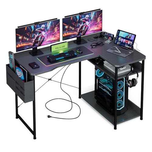 L Shaped Gaming Desk 48 Inch - Computer Corner Desk with Power Outlets, Reversible Shelves & Storage Bag for Home Office, PC Gaming Table, Black Carbon - color: Black Carbon, size: 48inch-L shaped