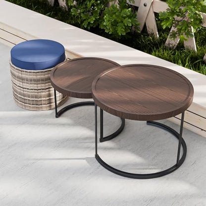 Cabana Chic Nesting Tables with Ottomans, Outdoor Round Side Table, Nesting Coffee Table Set, 2 Tables 1 Ottoman, Brown/Blue - color: Brown/Blue