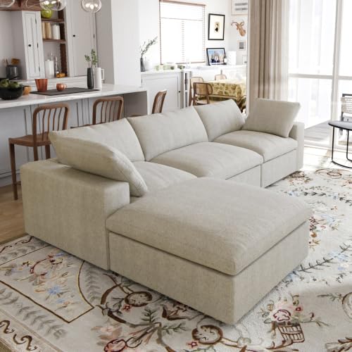 118" Cloud Modular Sofa, Convertible Modular L-Shaped Couch with Storage Ottoman, Cotton Linen Fabric Sofa for Living Room, Apartment and Bedroom, Removable Covers, 2 Pillows, Khaki - color: Khaki, size: L-Shape