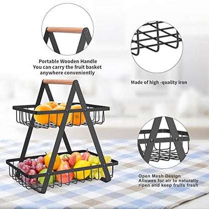 mahueeol 2-Tier Metal Fruit Basket for Kitchen Counter with Wooden Handle | Detachable rectangular baskets hold fruits, vegetables, bread and snacks; use stacked or separately in kitchens and pantries - color: Black