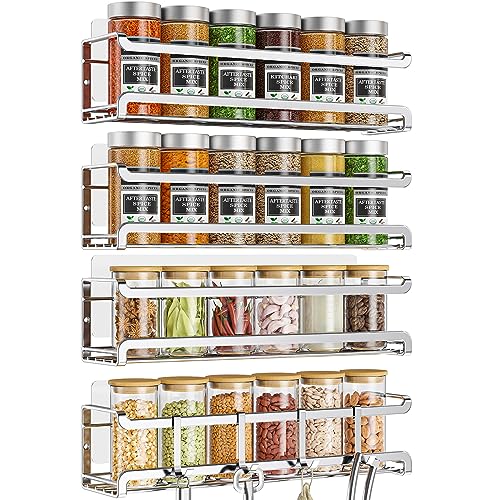 Bunoxea Spice Rack Wall Mounted 4 Pack, Chrome,For Spice Jars & Seasonings | 4 Removalble Hooks,Screw or Adhesive Hanging, Space-Saving,For Kitchen Cabinet, Pantry Door,Stove,RV Use,11.41x2.75x2.75in - color: Silver, size: 4Pack