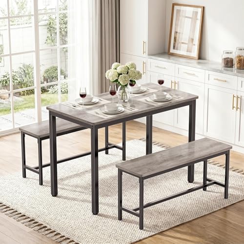 Dining Table Set for 4, Kitchen Table with 2 Benchs, Grey | Modern Functional 3 Piece Space-Saving Dining Room Table Set for Apartment, Breakfast Nook, Small Space - color: Grey