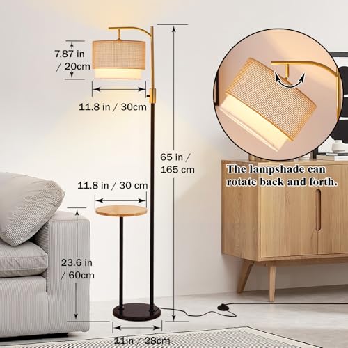 Dimmable Floor Lamp with Table and Marble Base, Arc Floor Lamp with Bulb, Boho Farmhouse Standing lamp with Fabric & Bamboo Shades for Living Room Bedroom - color: Black and Gold 03