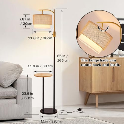 Dimmable Floor Lamp with Table and Marble Base, Arc Floor Lamp with Bulb, Boho Farmhouse Standing lamp with Fabric & Bamboo Shades for Living Room Bedroom - color: Black and Gold 03