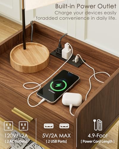 Masupu Nightstand with Charging Station, 3-Tier Modern Bedside Night Stand with Storage Drawer and Shelf, Small End Side Table for Bedroom, Living Room, Walnut - color: Outlet-brwon Walnut