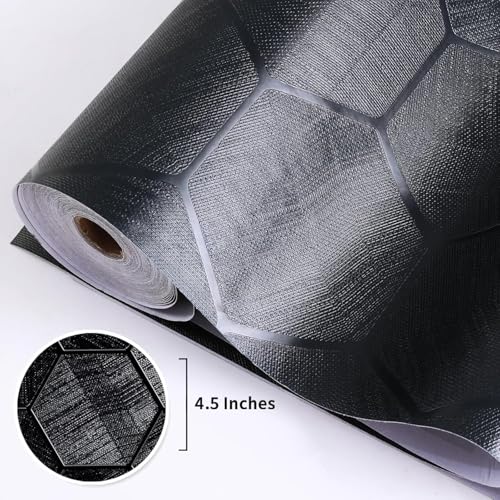 Self Adhesive Black Peel and Stick Wallpaper 15.7" X 78" 3D Hexagon | Geometric Embossed Contact Paper Removable Easy Peel Off Wallpaper Textured Wall Paper for Cabinet Bedroom - color: Black, size: 15.7" x 78"