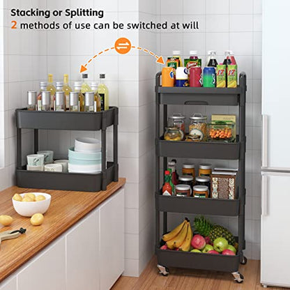 Calmootey 4-Tier Rolling Utility Cart with Drawer,Multifunctional Storage Organizer with Plastic Shelf & Metal Wheel,Storage Cart for Kitchen,Bathroom,Living Room,Office,Black | Space-Saving Organizer, Sturdy Plastic Shelves, Smooth-Rolling Metal Wheels,