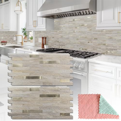 StyloVue 20 Sheets Kitchen Peel and Stick Backsplash Tiles, Beige with Metal Gold Look Stick on Backsplash for Kitchen, RV, Fireplace - color: Beige With Metal Gold