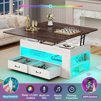Itaar Lift Top Coffee Table, 4 in 1 Coffee Tables with Storage and Hidden Compartment, Farmhouse Coffee Table with 2 Fabric Drawers & LED Light for Living Room, White - color: White