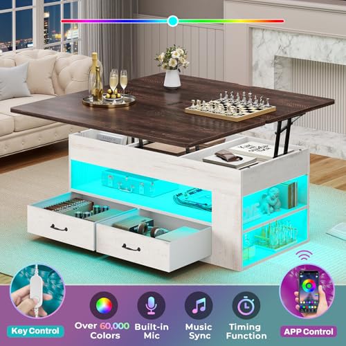 Itaar Lift Top Coffee Table, 4 in 1 Coffee Tables with Storage and Hidden Compartment, Farmhouse Coffee Table with 2 Fabric Drawers & LED Light for Living Room, White - color: White