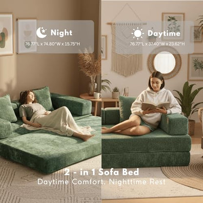 Alpen 77" Convertable Sleeper Sofa, 4-in-1 Pull Out Couch Bed with L-Shaped Armrests, Futon Sofa Bed Queen Size Sleeper Mattress Fold Out Comfy Lounge for Living Room Bedroom, Green - color: Green-chenille