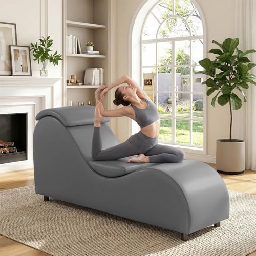 Yoga Sofa Chaise Lounge Chair for Adults Home Stretching Relaxation, 60"W Ergonomic Yoga Chaise Lounges Chair Sofas Indoor with Removable Head Cushion for Office Small Space Exercise, Dark Grey
