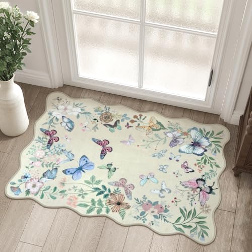 Washable Butterfly Entryway Rug, 2x3 Soft Non-Slip Boho Indoor Door Mat Ultra Thin Small Kitchen Rug, Beige Modern Botanical Floral Scalloped Throw Mat for Bathroom Entrance Bedroom - color: Beige Butterfly, size: 2' x 3'