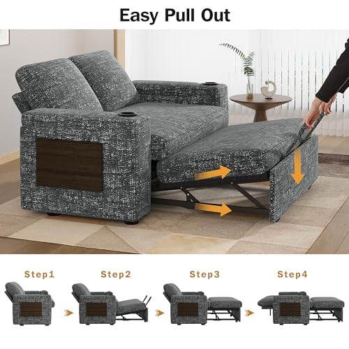 Vipbear 65" Loveseat Sleeper Sofa with Pull Out Bed, Chenille 3-in-1 Convertible Sofa Bed with Reclining Backrest|USB Ports|Cup Holders|Side Table|Storage Armrests, Tool Free Assembly, Grey - color: Grey