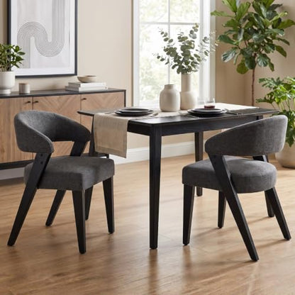 Mid Century Modern Dining Chairs with Arms Set of 2, Upholstered Kitchen & Dining Room Chairs, Barrel Backs/Black Solid Wood Legs, Comfortable Accent Chairs for Living Room, Chenille Grey - color: Grey