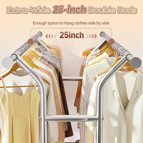 Raybee Heavy Duty Clothes Rack 630 LBS Capacity Double Rods Shelves Storage | 360°Lockable Wheels, Snap-on Design, Tool-free Assembly, Extendable Rods, Adjustable Height, Bedroom Wardrobe Closet Organize - color: Chrome