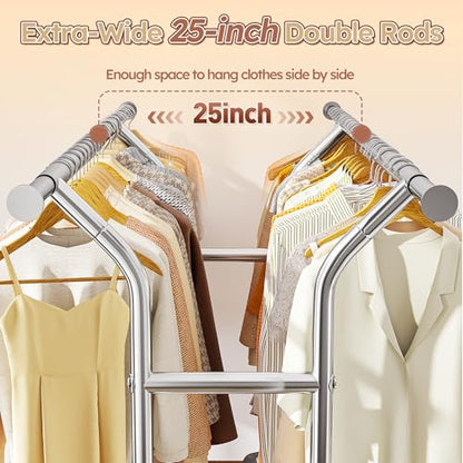 Raybee Heavy Duty Clothes Rack 630 LBS Capacity Double Rods Shelves Storage | 360°Lockable Wheels, Snap-on Design, Tool-free Assembly, Extendable Rods, Adjustable Height, Bedroom Wardrobe Closet Organize - color: Chrome