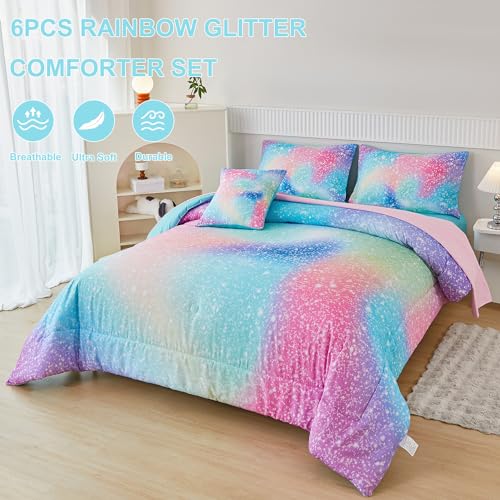 Full Size Comforter Sets Pink Green for Girls | 6 Pieces, Ombre Rainbow Bedding Set, Colorful Tie Dye Glitter Bed in A Bag, Teen Girl Comforter Set with Sheets - color: Blue and Pink, size: Full
