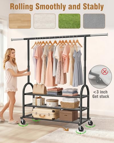 Heavy Duty Clothes Rack for Hanging Clothes Load 688 LBS, Height Adjustable Rolling Clothing Racks, Portable Metal Coat Rack Garment Wardrobe with Wheels and 3 Shelves for Bedroom, Black - color: Black, style: 3 Shelves