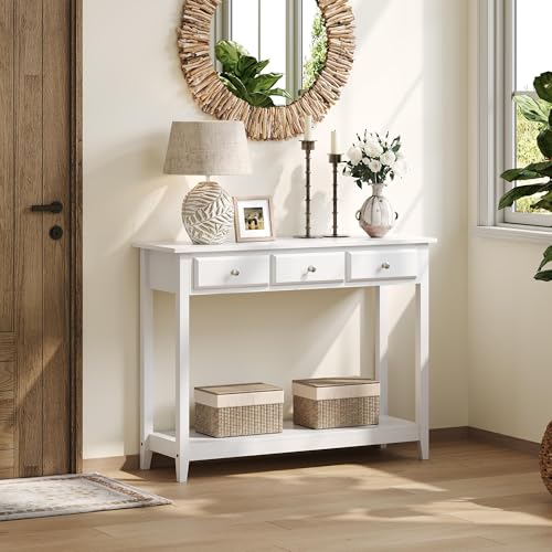 Yaheetech 42 Inch Narrow White Sofa Console Table with 3 Drawers and Shelf | White Entry Table for Living Room, Hallway and Entryway, Painted MDF, 13.5-Inch Slim Depth, 55 lb Top, Drawers Hide Clutter - color: White