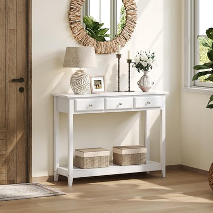 Yaheetech 42 Inch Narrow White Sofa Console Table with 3 Drawers and Shelf | White Entry Table for Living Room, Hallway and Entryway, Painted MDF, 13.5-Inch Slim Depth, 55 lb Top, Drawers Hide Clutter - color: White