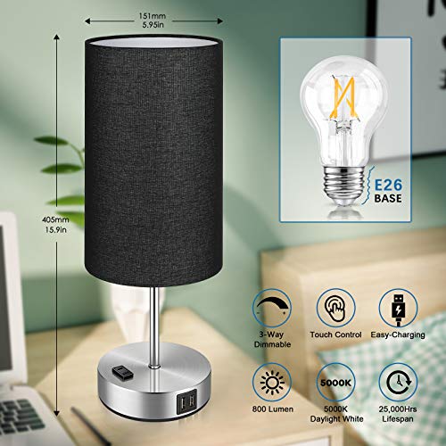 Black Touch Control Table Lamp Set of 2, with 2 USB Charging Ports&AC Outlet, 3-Way Dimmable Bedside Nightstand Lamps with Fabric Lampshade for Reading, Bedroom, Living Room, A19 LED Bulbs Included - color: Black