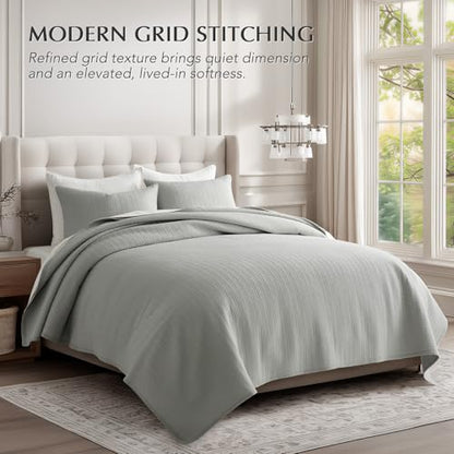 100% Cotton Modern Grid Stitch Quilt Set Queen Size, Drizzle Gray | Pre-Washed Cotton Coverlet Bedspread, Oversized Lightweight 3-Piece Bedding Set for All Season, with 2 Pillow Shams - color: Drizzle Gray, size: Full/Queen (96" X 94")