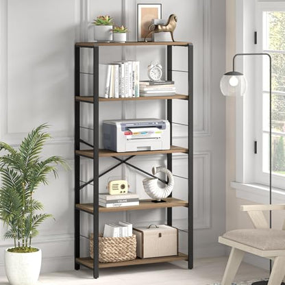 5 Tier Tall Bookshelf, Industrial Bookshelves and Bookcases, Modern Rustic Wood and Metal Book Shelf for Bedroom, Living Room and Home Office, Oak - color: Oak, size: 5-Tier