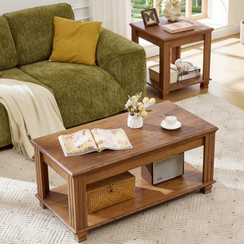 Farmhouse Coffee Table Set of 3, Brown | Rustic Wood 3 Piece Coffee and End Table Sets with Open Shelf for Living Room - color: Brown
