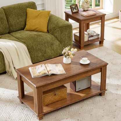 Farmhouse Coffee Table Set of 3, Brown | Rustic Wood 3 Piece Coffee and End Table Sets with Open Shelf for Living Room - color: Brown