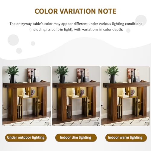 43.3" Narrow Console Table with Outlets and USB Ports, Geometric LED Lighted Entryway Table, Modern 3-Tier Sofa Table Behind Couch with RGB Lights for Living Room, Walnut - color: Console Table-walnut
