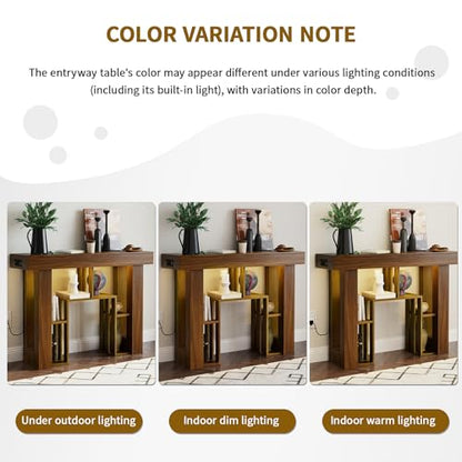 43.3" Narrow Console Table with Outlets and USB Ports, Geometric LED Lighted Entryway Table, Modern 3-Tier Sofa Table Behind Couch with RGB Lights for Living Room, Walnut - color: Console Table-walnut